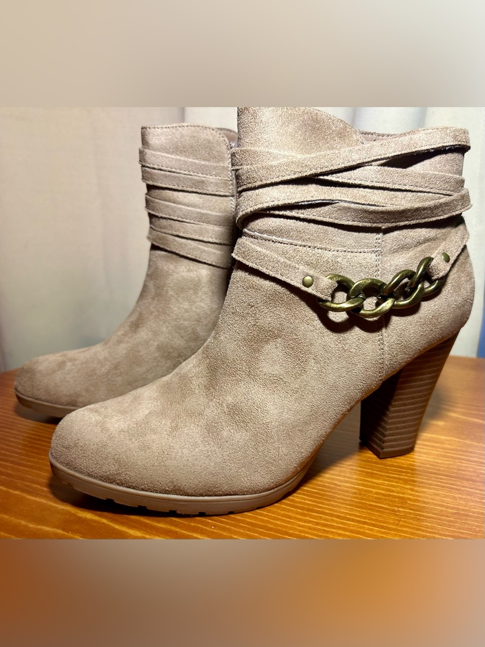 White Mountain Taupe Suede Ankle Boots with Chain Accent